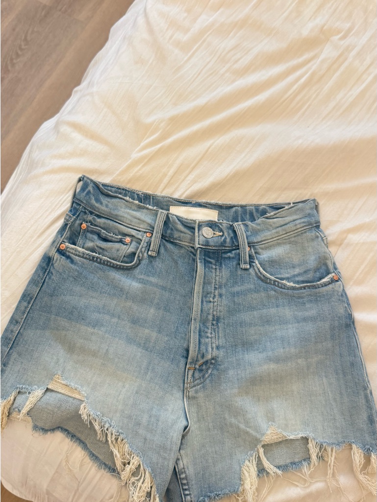 Mother Light Blue High-Rise Distressed Denim Shorts